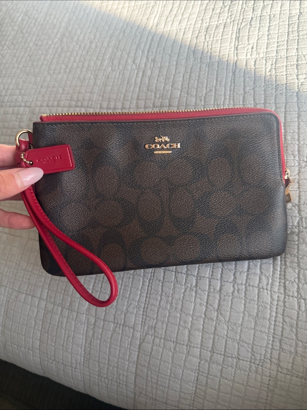 Coach Brown Signature Wristlet with Red Trim